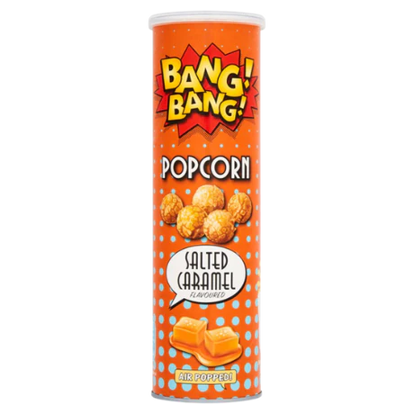Front of Bang! Bang! Salted Caramel Popcorn canister showing orange design, logo, popcorn image, and salted caramel flavour label (85g pack)