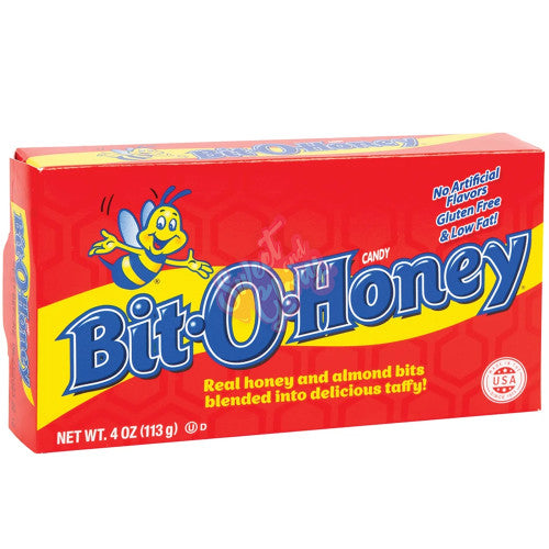 Front of Bit-O-Honey Honey & Almond Taffy Theatre Box showing the logo, honey and almond flavour design, and pack size (113g)