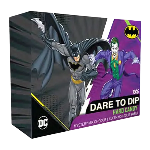 Front of Batman vs Joker Mystery Candy Theatre Box featuring Batman and Joker, with label indicating a mix of sour and super hot sweet hard candy (100g)