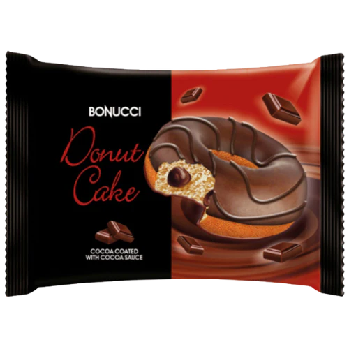 Front of Bonucci Donut Cake With Cocoa pack showing logo, cocoa-coated donut design, and pack size (40g)