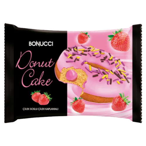 Front of Bonucci Donut Cake packaging featuring a pink donut cake topped with strawberry icing, strawberries, and sprinkles (40g pack)