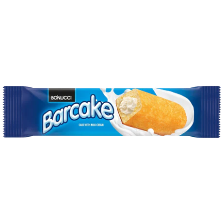Front of Bonucci Barcake With Milk Cream (40g) showing brand logo, vibrant packaging, and image of a creamy cake.