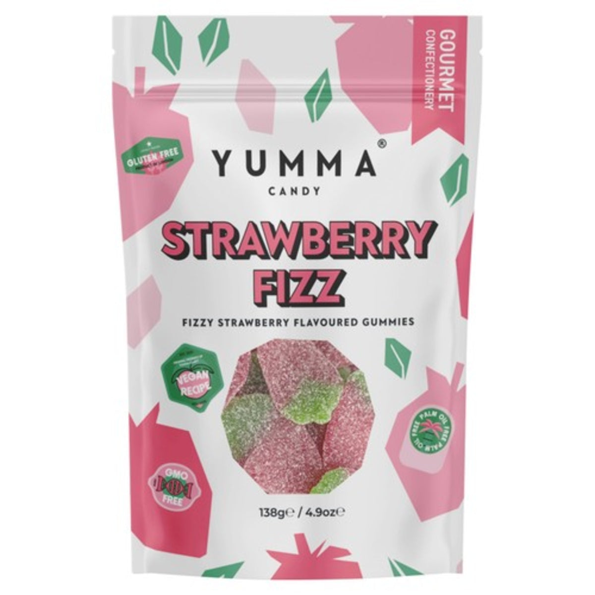 Front of Yumma Candy Strawberry Fizz bag showing vibrant logo, strawberry flavour label, and gummies (138g pack)
