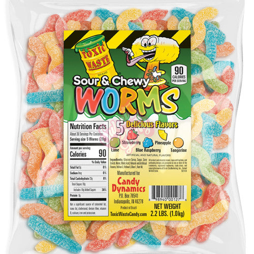 Front of Toxic Waste Worms package featuring bright logo, five flavour options, and colourful gummy worms (1Kg pack)