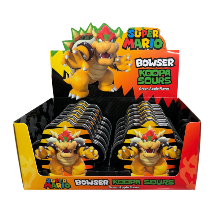 Front of Super Mario Bowser Koopa Sours Tin showing Bowser character, green apple flavour label, and 42g pack size