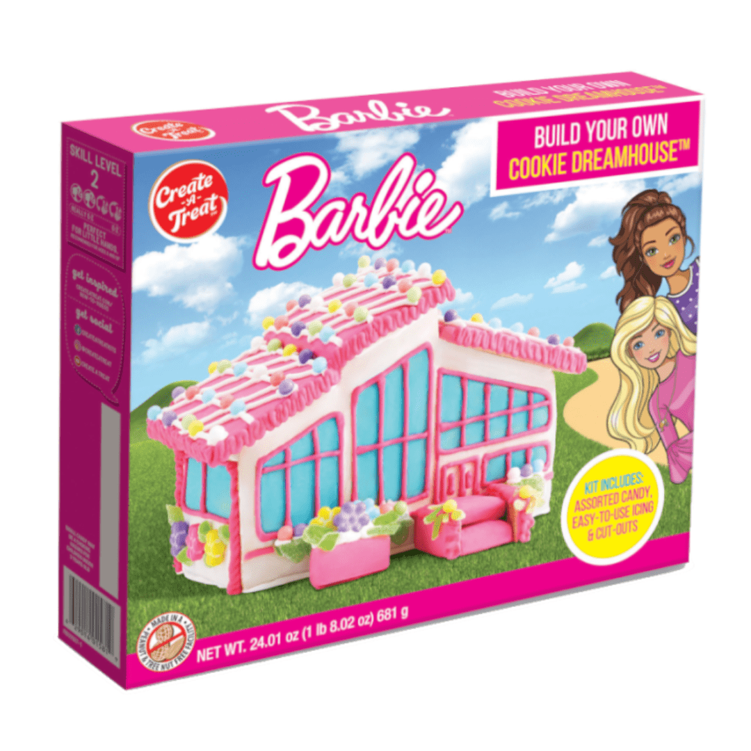 Front of Barbie Create Your Own Dreamhouse Cookie Kit box showing the logo, cookie house design, and details about included icing and candy (681g pack)