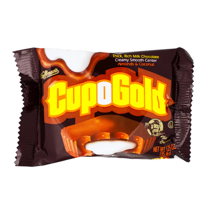 Front of Adams & Brooks Cup-O-Gold Big Cup showing thick rich milk chocolate packaging with a creamy smooth centre, featuring almonds and coconut (35g)