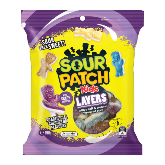 Front of Sour Patch Kids Layers bag showing bold yellow and purple logo, grape flavour label, and colourful layered candies (190g pack)