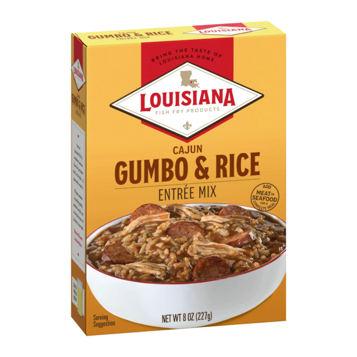 Front of Louisiana Cajun Gumbo & Rice box showing logo, image of gumbo with rice in a bowl, and pack size (227g)