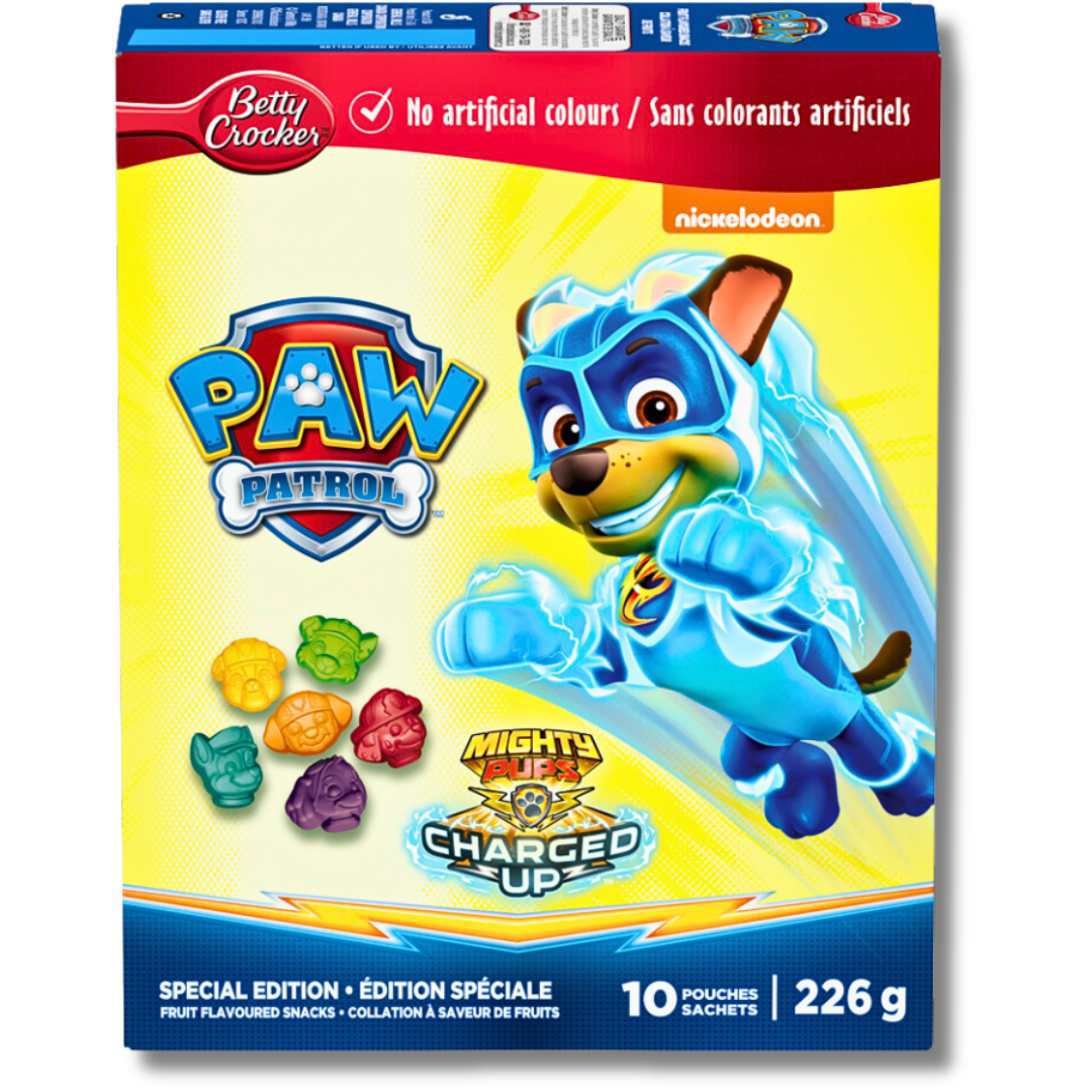 Front of Betty Crocker Paw Patrol Fruit Snacks box featuring Paw Patrol characters, fruit-flavoured snacks, and pack size of 10 pouches (226g)