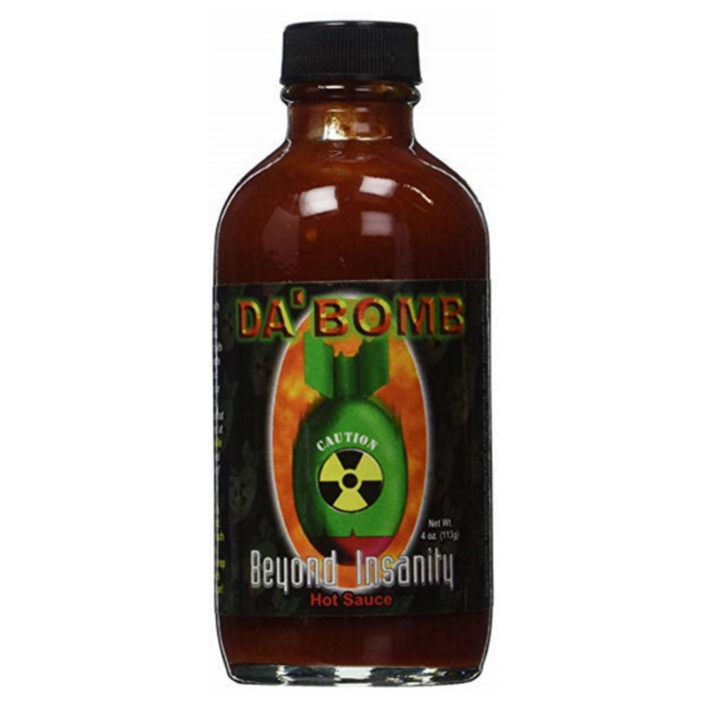 Front of Da' Bomb Beyond Insanity Hot Sauce bottle showing the logo, fiery label, and caution symbol (113.4g bottle)
