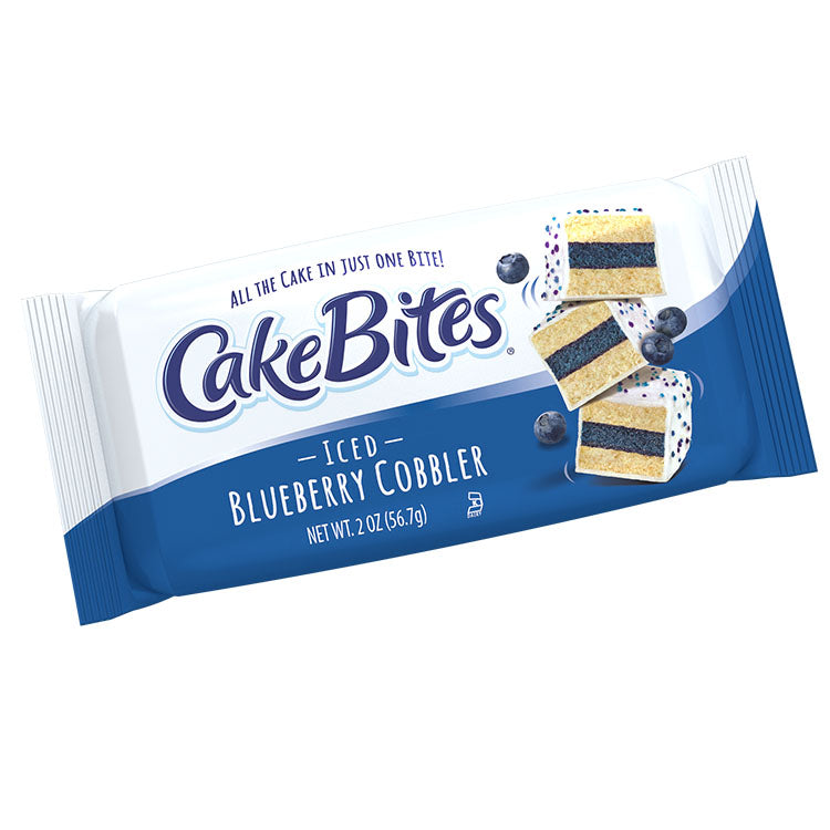 Front of Cake Bites Iced Blueberry Cobbler packaging featuring a blue background, the product name, and images of iced cake bites (56.7g pack)