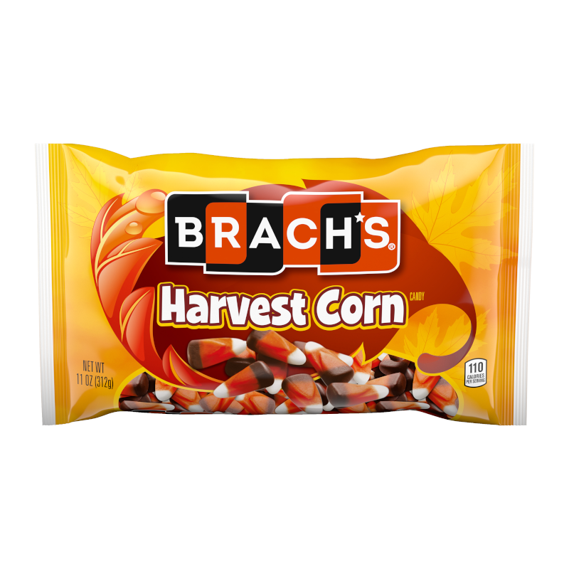 Front of Brach's Harvest Candy Corn bag featuring the logo, colourful candy corn image, and 311g pack size