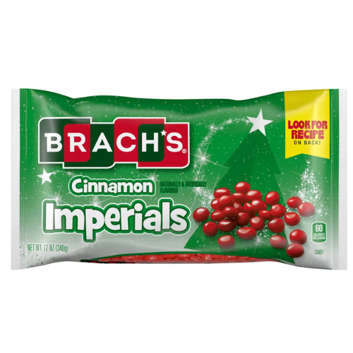 Front of Brach's Cinnamon Imperials bag displaying bold green packaging with red candy pieces, featuring the product title and 340g size.