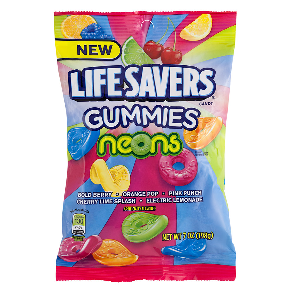 Front of Life Savers Gummies Neons bag featuring the colourful logo and various shaped gummy candies in bold berry, orange pop, pink punch, cherry lime splash, and electric lemonade flavours (198g pack)
