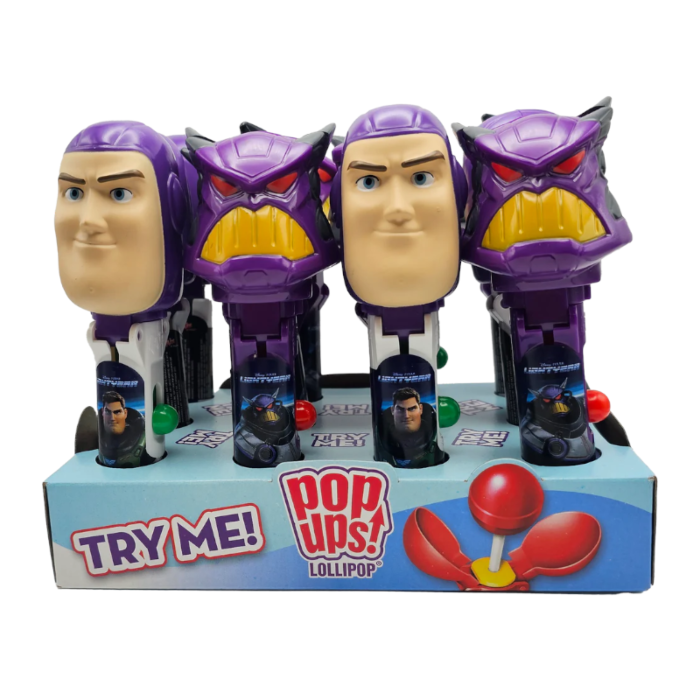 Front of Pop Ups! Lollipop Buzz Lightyear packaging showing vibrant design with Buzz Lightyear character, lollipop format, and 12g size.