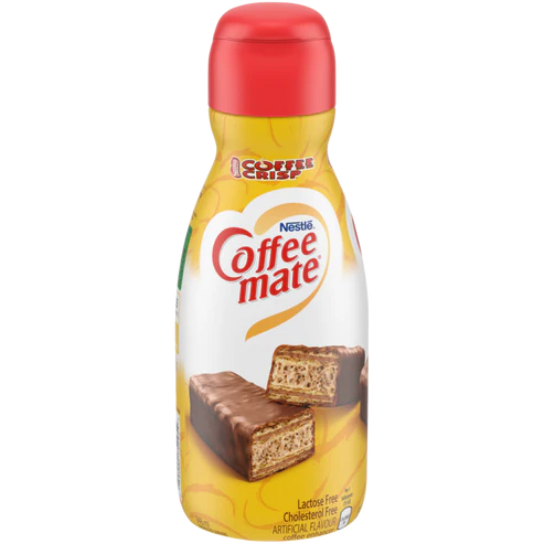Front of Coffee-Mate Coffee Crisp Chocolate & Wafer Creamer bottle showing brand logo, chocolate and wafer imagery, and 946ml size.