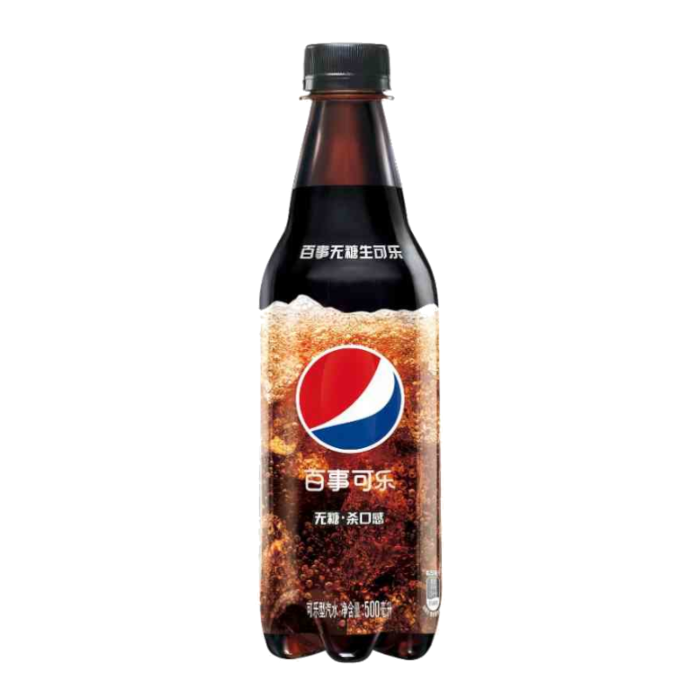 Front of Pepsi Zero Raw Cola bottle showing logo, cola beverage, and 500ml label