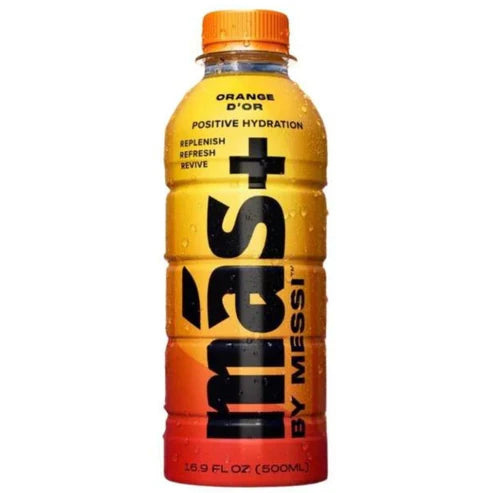 Front of MAS+ Hydration By Lionel Messi Orange D'or bottle showing vibrant orange colour, positive hydration branding, and unique design (500ml).