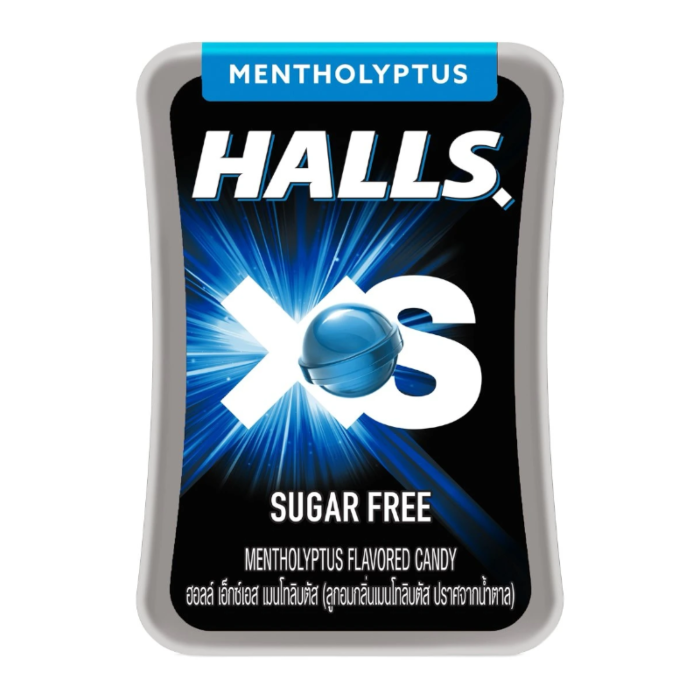 Front of HALLS XS Memtholyptus 21 Pack showing blue and black design with logo, sugar-free label, and a menthol candy piece (15g pack)