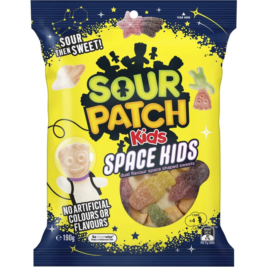 Front of Sour Patch Space Kids bag showing bright yellow packaging with logo, space-shaped gummies, and 190g pack size.