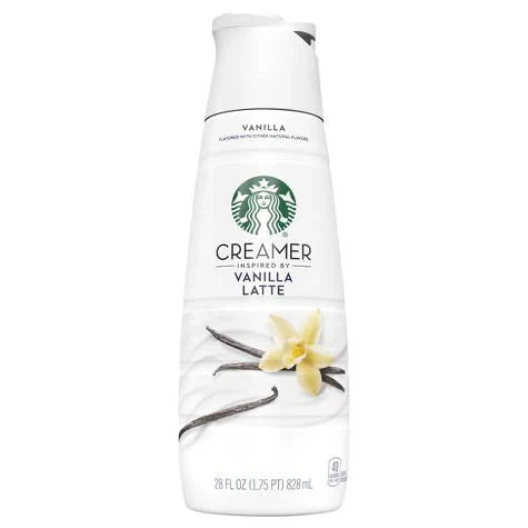 Front of Starbucks Vanilla Latte Creamer bottle showcasing logo, vanilla flavour detail, and pack size of 828ml