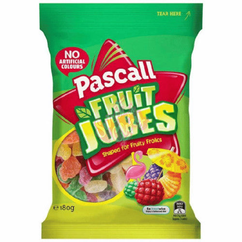 Front of Pascall Fruit Jubes bag showcasing bright green packaging, vibrant fruit-shaped jubes, and 180g size label