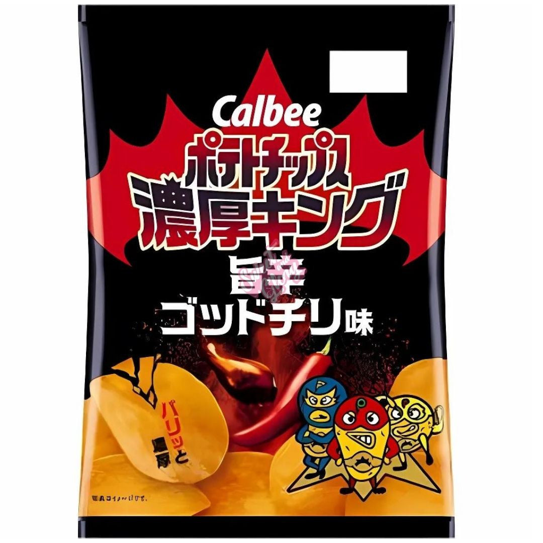 Front of Calbee Noukou King Hot Chilli bag showing bold logo, spicy hot chilli graphics, and crispy potato chip image (55g pack)