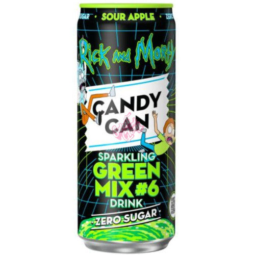 Front of Candy Can Rick & Morty Sparkling Green Mix #6 Zero Sugar can showing vibrant graphics, product name, and 330ml quantity.