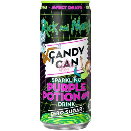 Front of Candy Can Rick & Morty Sparkling Purple Potion #9 can showing vibrant design, grape flavour indication, and zero sugar label (330ml)