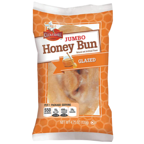 Front of Cloverhill Bakery Honey Bun Glazed package showing the logo, honey bun illustration, and glazed details (113g pack)