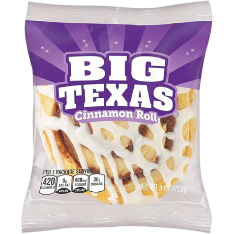 Front of Cloverhill Bakery Big Texas Cinnamon Roll packaging showing logo, cinnamon roll design, and pack size (113g).
