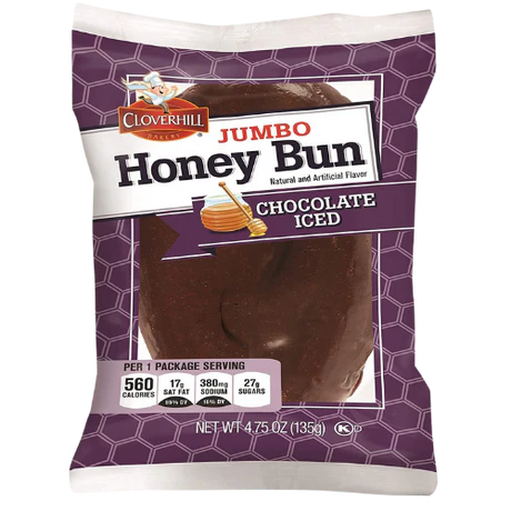Front of Cloverhill Bakery Honey Bun Chocolate Iced packaging featuring chocolate icing on a honey bun with logo and pack size (113g)