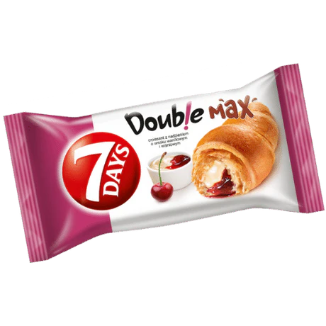 Front of 7Days Croissant Double Max Vanilla Cherry pack showing logo, image of the croissant, and highlighting the 80g size.