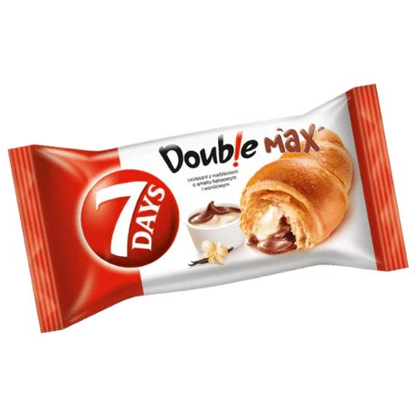 Front of 7Days Croissant Double Max Chocolate & Vanilla Cream package showing logo, croissant image, and flavour details (80g pack)