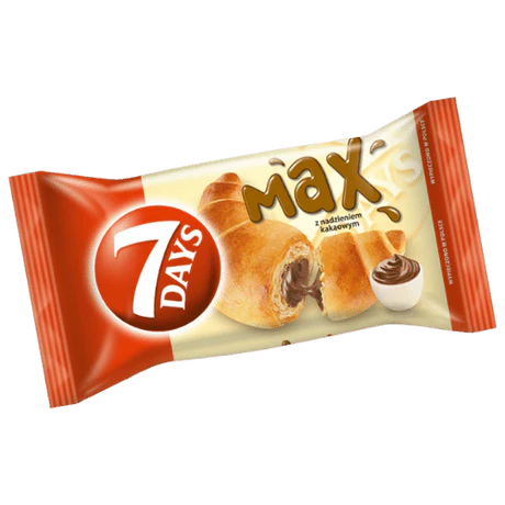 Front of 7Days Croissant Max Chocolate package showing the brand logo, chocolate-filled croissant image, and pack size (80g)