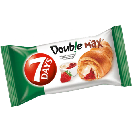 Front of 7Days Croissant Double Max Strawberry & Vanilla Cream packaging showing logo, croissant image, and strawberry and vanilla filling description (80g pack)