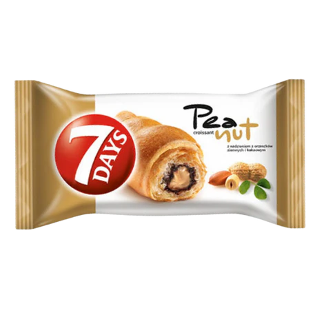 Front of 7Days Peanut Butter croissant packaging showing the logo, peanut butter filling, and an image of the pastry (80g pack)