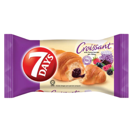 Front of 7Days Vanilla Forest Fruit packaging showing purple croissant filled with forest berries jam and branding details (80g pack)
