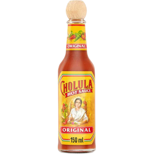 Front of Cholula Hot Sauce Original bottle showing the logo, vibrant label design, and 150ml size.