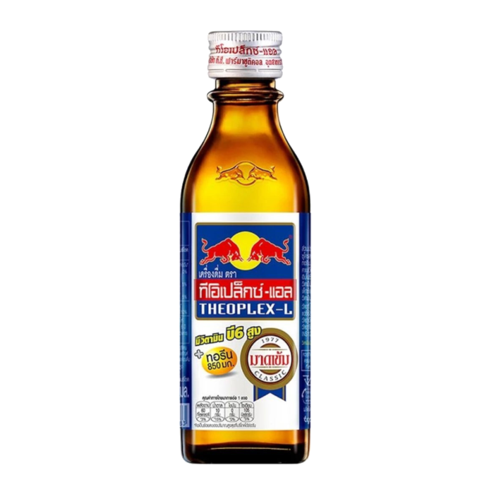 Front of Krating Daeng Red Bull Energy Drink THEOPLEX-L bottle showing brand logo, energising drink label details, and 100ml capacity.
