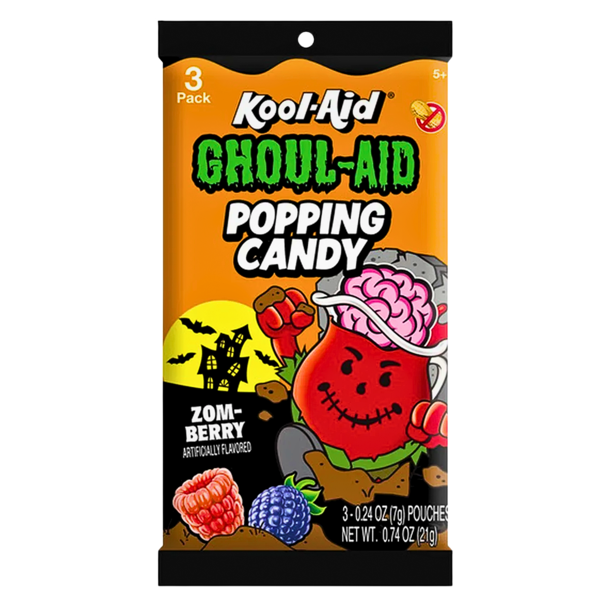 Front of Kool Aid Ghoul Aid Popping Candy Zom-Berry package showing playful logo, spooky graphics, and bright berry colours (28g pack)