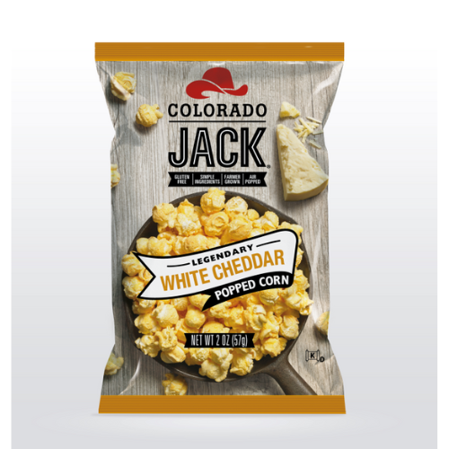 Front of Colorado Jack White Cheddar Popcorn bag showing bold logo, white cheddar flavour label, and image of popcorn (57g pack)