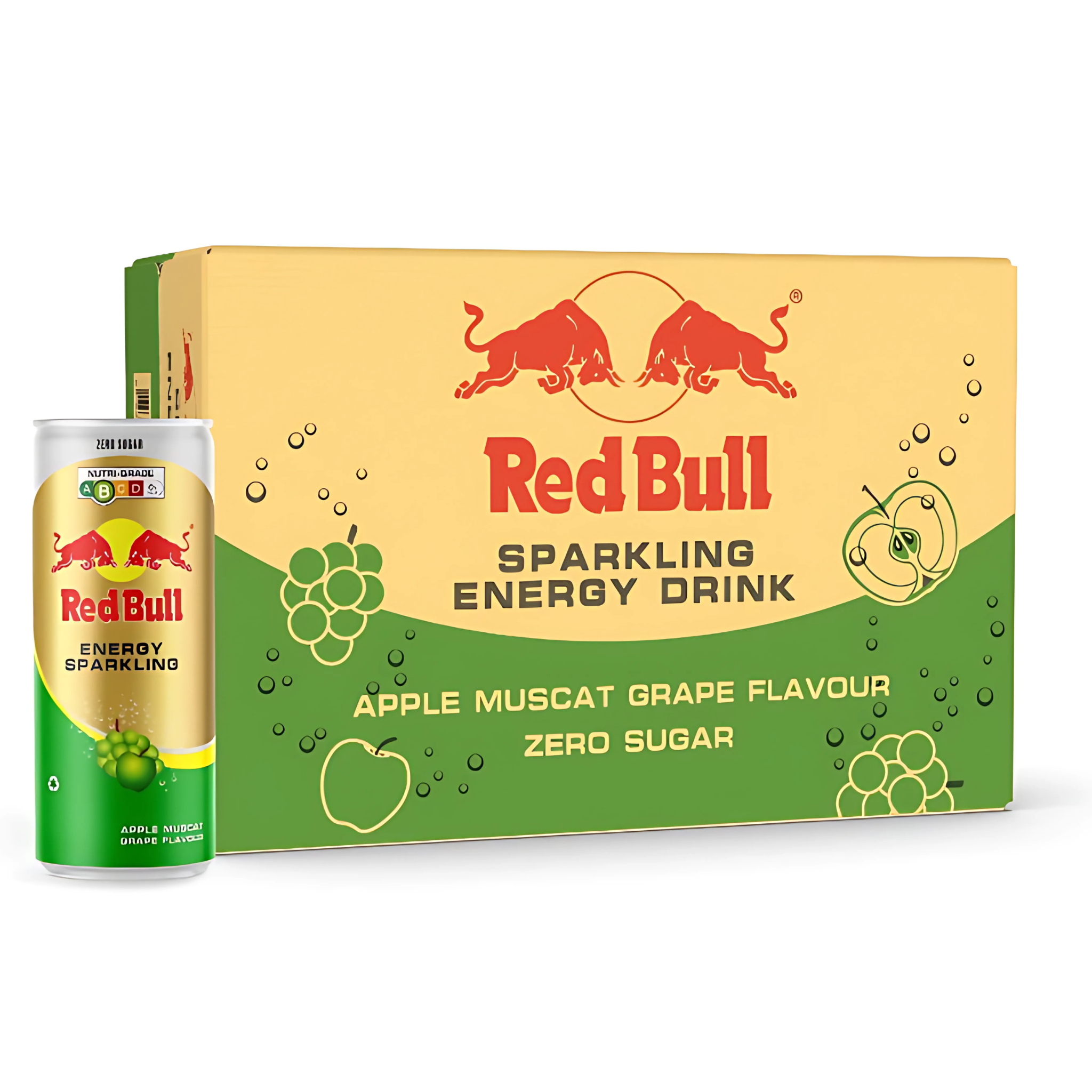 Front of Red Bull Green Apple Grape Energy Drink can and box showing logo, green apple grape flavour, and 24 pack (250ml each)