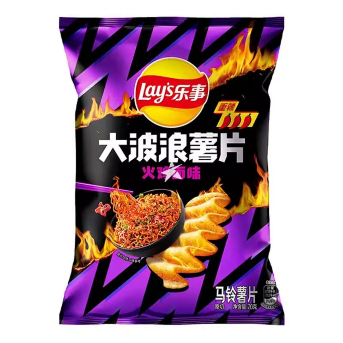 Front of Lay's Deep Ridged Hot Chicken Noodles (China) bag featuring bold colours, logo, and spicy noodle imagery (70g pack)