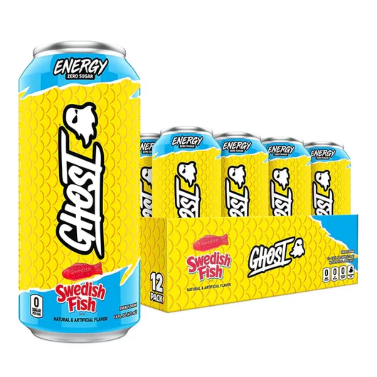 Front of Ghost Swedish Fish Energy Drink case showing yellow cans with Swedish Fish flavour label, Ghost logo, and 12 pack size (12 x 473ml)