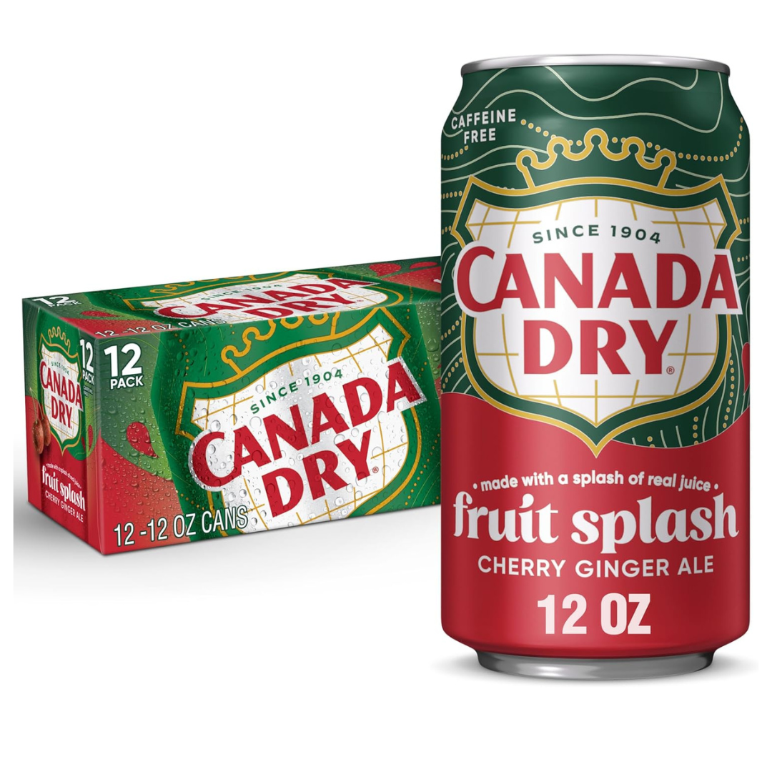 Front of Canada Dry Fruit Splash Cherry Ginger Ale case showing the brand logo, cherry ginger ale label, and 12 pack of 355ml cans