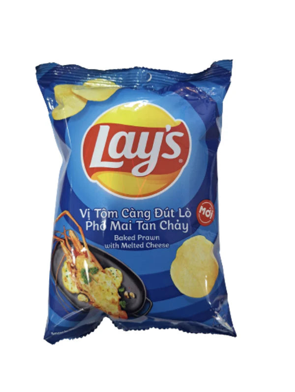 Front of Lay's Baked Prawn with Melted Cheese bag showing bold logo, prawn and cheese imagery, and 54g pack size.
