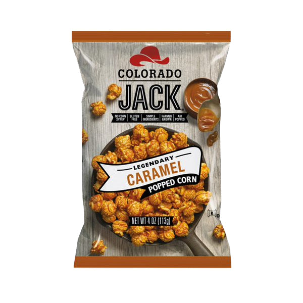 Front of Colorado Jack Caramel Popcorn bag showing logo, caramel popcorn in a bowl, and details about the 113g pack.