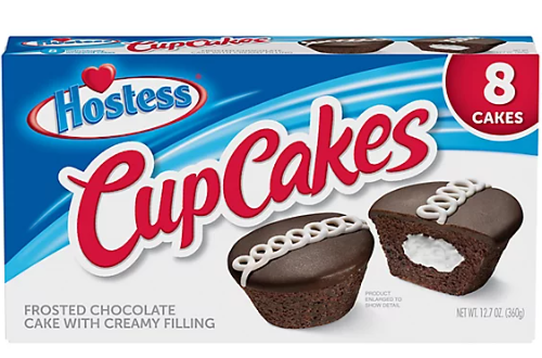 Front of Hostess CupCakes Frosted Chocolate Cake box showing logo, two chocolate cupcakes with creamy filling, and pack size of 8 cakes (360g)